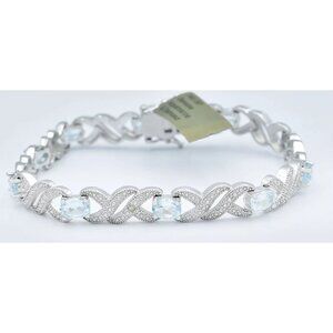 Genuine Aquamarine & Diamond Bracelet 14k White Gold Plated